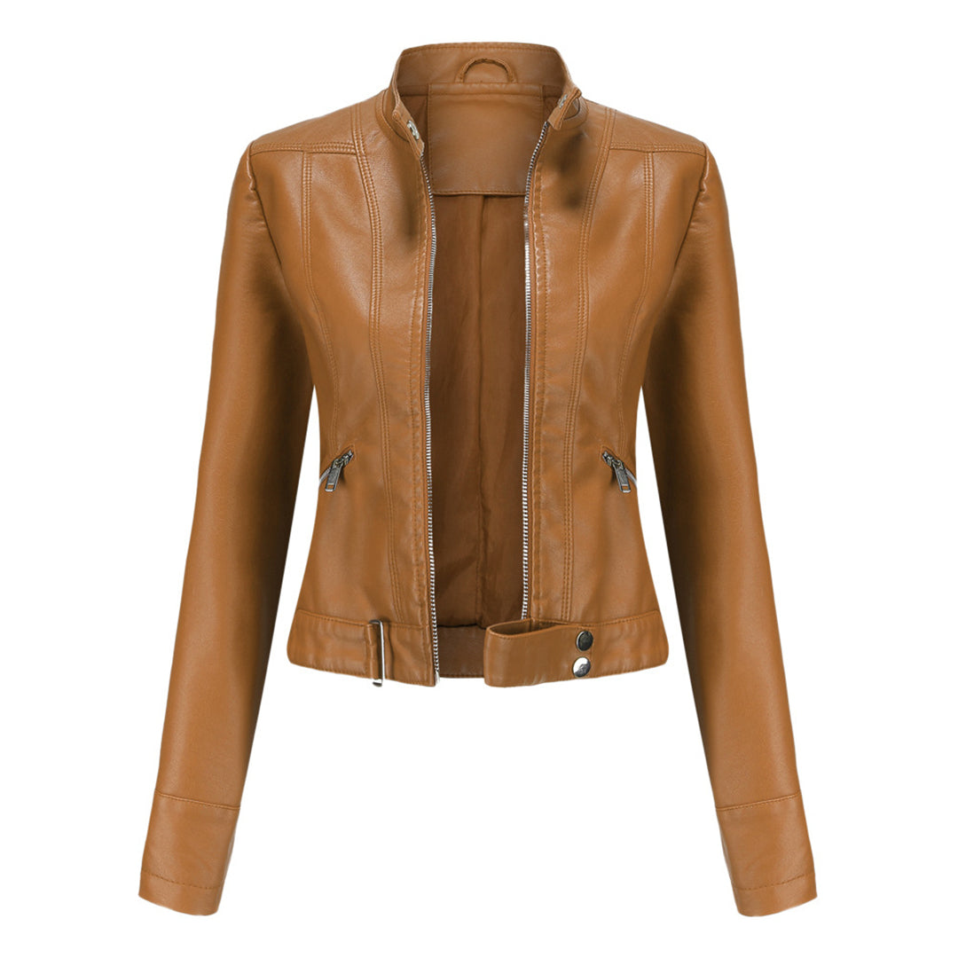 Classic women's leather jacket, an elegant everyday jacket. Versatile ladies outerwear.