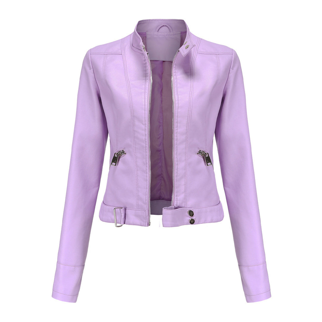 Transitional women's leather jacket, chic classic style for autumn fashion. Versatile statement piece.