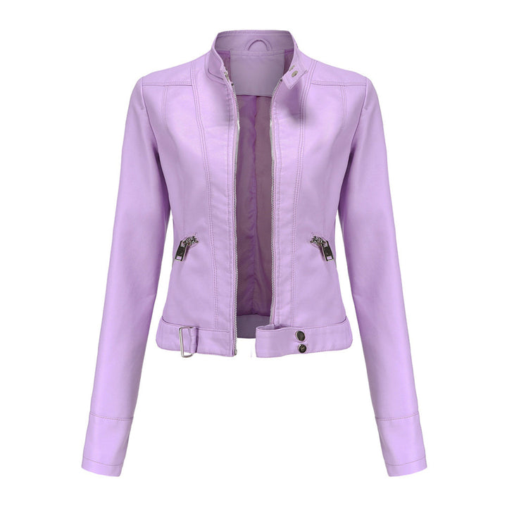 Transitional women's leather jacket, chic classic style for autumn fashion. Versatile statement piece.