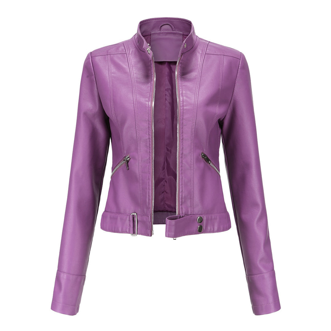 Versatile women's classic leather jacket, elegant ladies apparel for all seasons. Fashion outerwear.