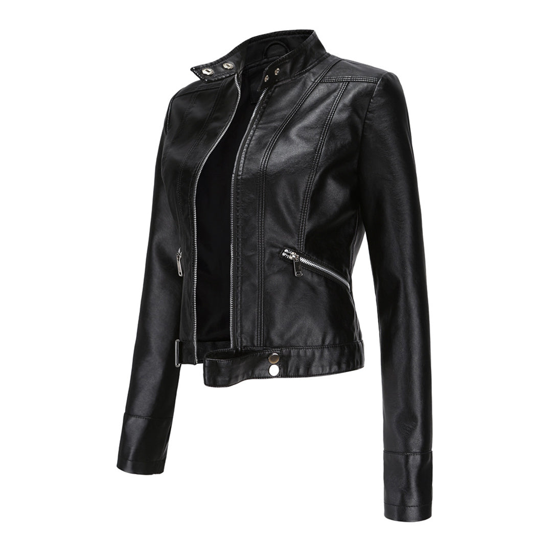 Stylish women's leather jacket, a classic piece for spring & autumn fashion. Versatile & elegant.