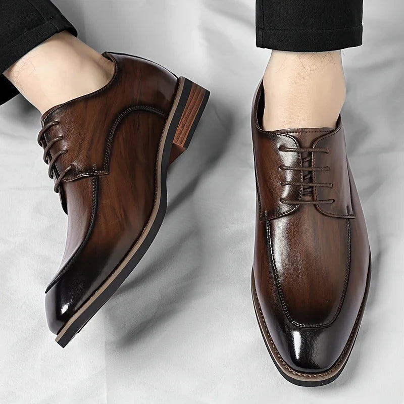 Men's formal Oxford shoes in dark brown, a classic choice for professional settings & elegant business fashion.