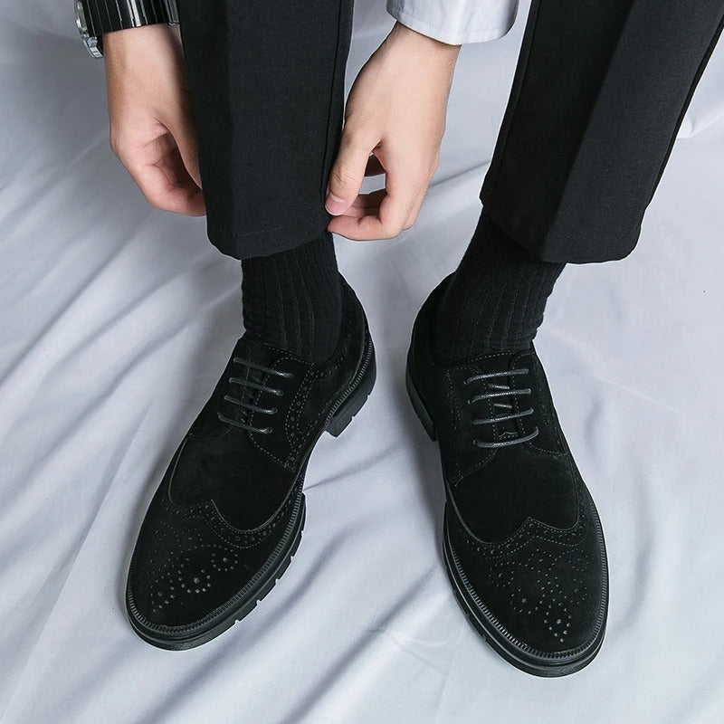 Smart casual men's black suede brogues, offering classic style and comfort. Versatile for office or weekend wear.