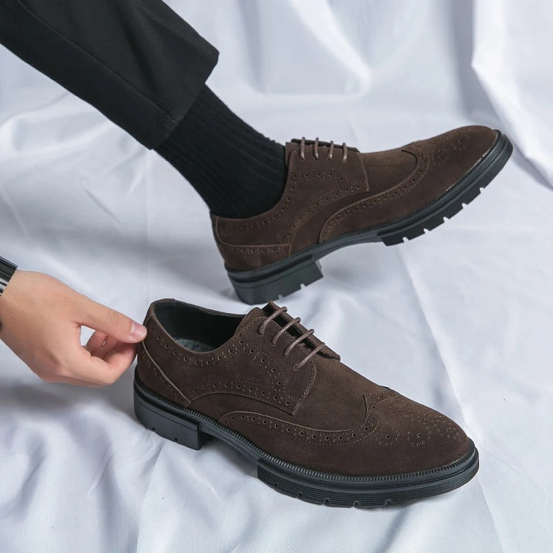 Versatile men's black suede brogue shoes, ideal for office, formal or casual attire. Classic style & comfort.