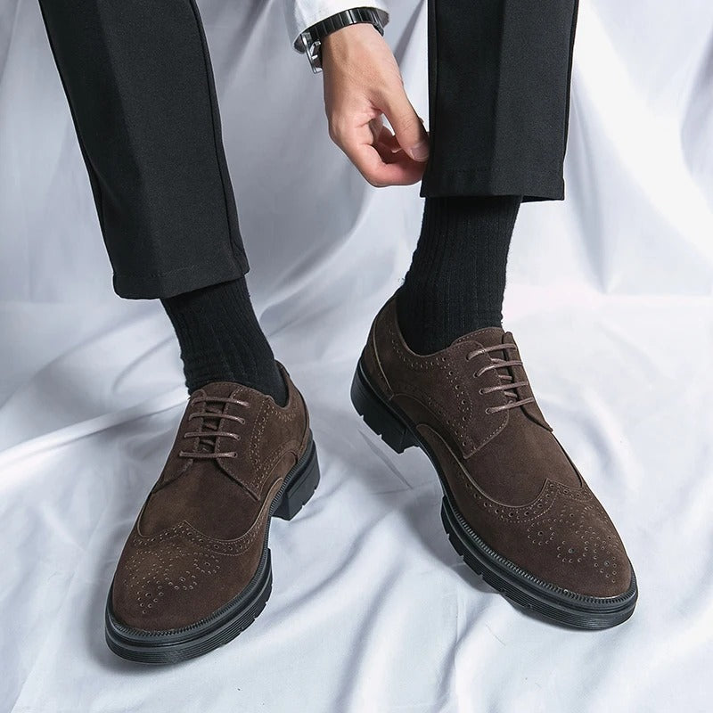Comfort-focused men's brown suede brogues. Classic style dress shoes designed for long-lasting wear and sophistication.