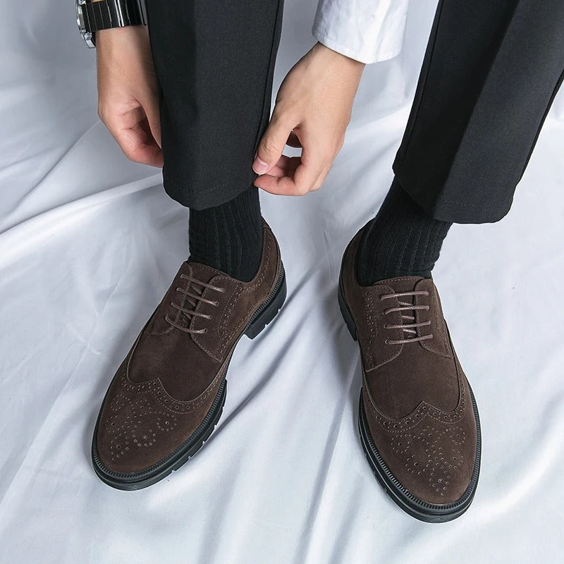 Elegant men's black suede brogue dress shoes, a timeless classic style perfect for formal and business events.