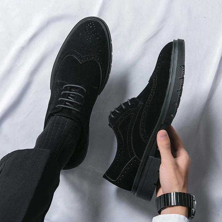 Rich brown suede brogues for men, providing comfort and classic style for office, formal or smart casual wear.