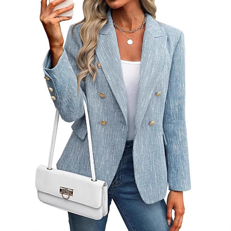 Classic black women's double-breasted blazer with elegant gold buttons. Professional & chic structured jacket.