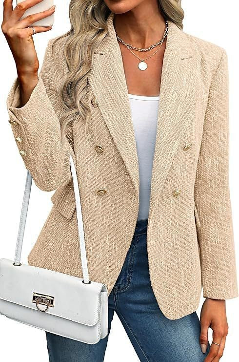 Versatile women's gold button blazer, double-breasted design. Ideal for both open front or closed styles.