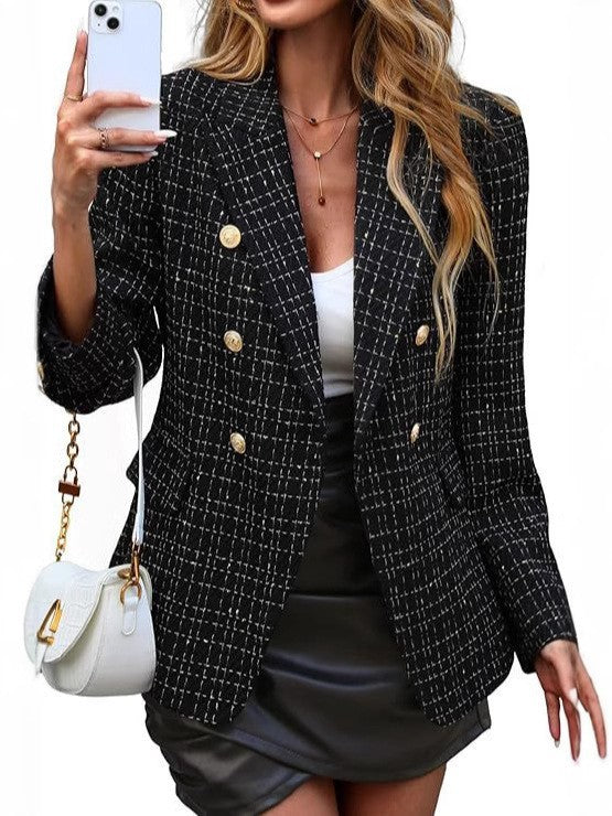 Professional women's blazer, double-breasted design with prominent gold buttons. Ideal for office or smart casual.