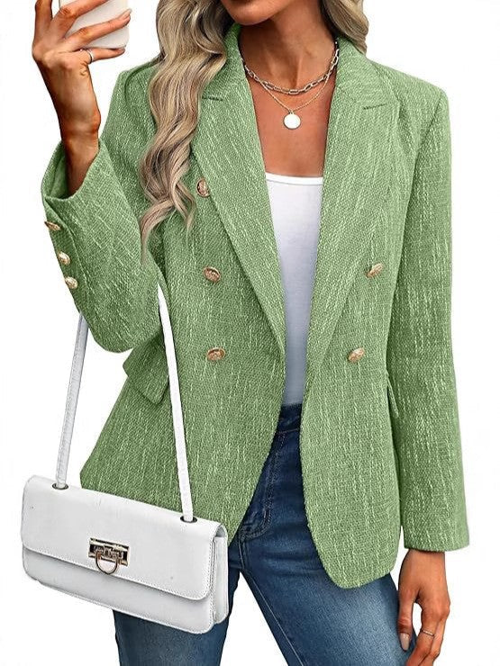Women's fashion blazer, double-breasted with statement gold buttons. Great for professional & chic styling.