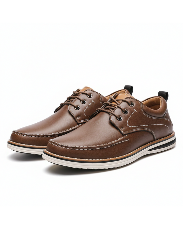 Classic brown men's moc toe oxfords, comfortable & versatile for casual or formal wear.