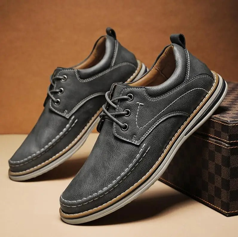 Gray men's moc toe oxfords, comfortable classic shoes, perfect for smart casual & everyday wear.