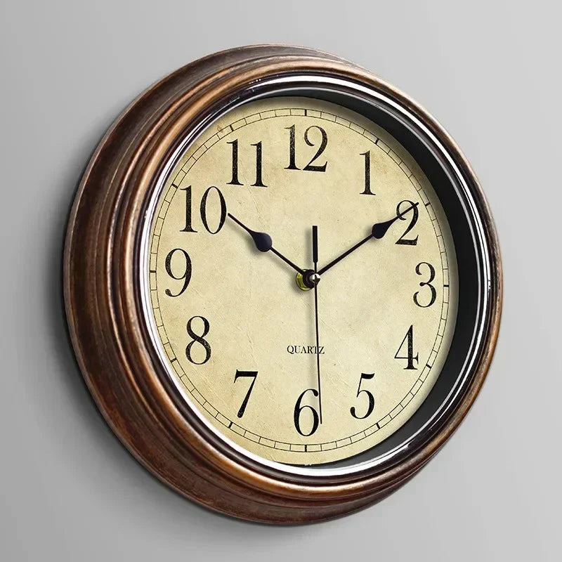 Classic brown wood wall clock with large, easy-read numbers. Silent vintage style home decor for living room or kitchen.