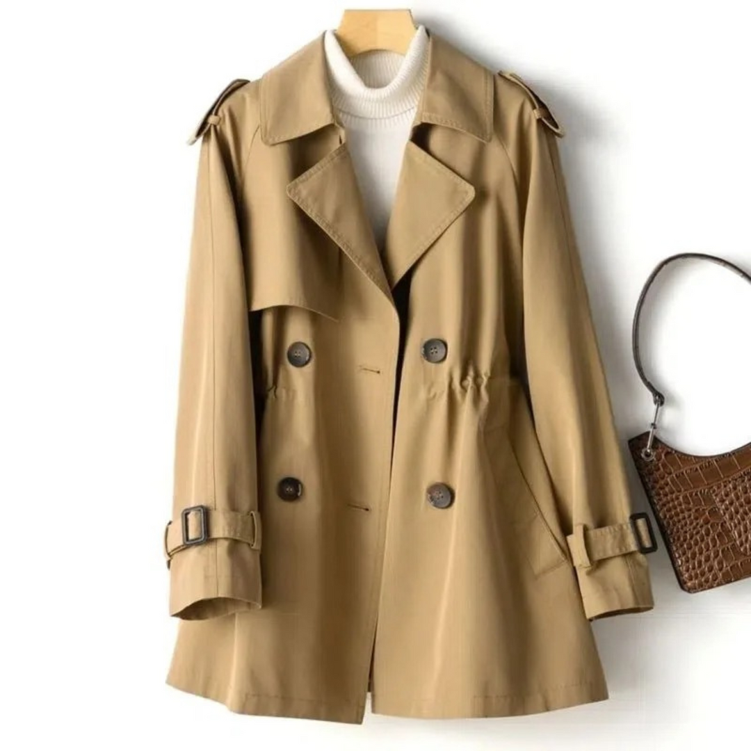 Mila women's classic long buttoned trench coat. Elegant and versatile outerwear for fall and spring fashion.