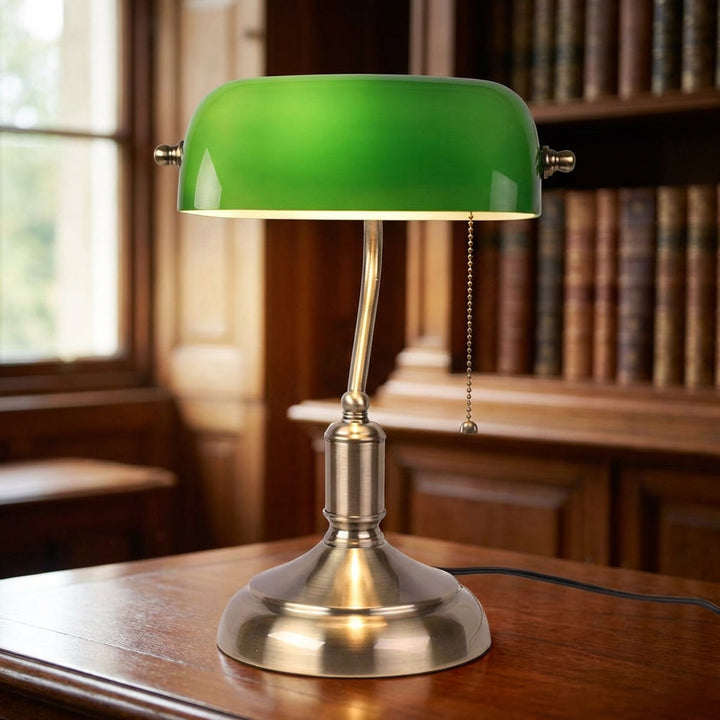 Classic LuxeGlint banker table lamp with green glass shade & brass base, perfect for office decor