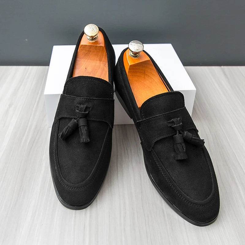 Handcrafted men's slip-on tassel loafers, luxurious dress shoes for business casual & formal occasions.