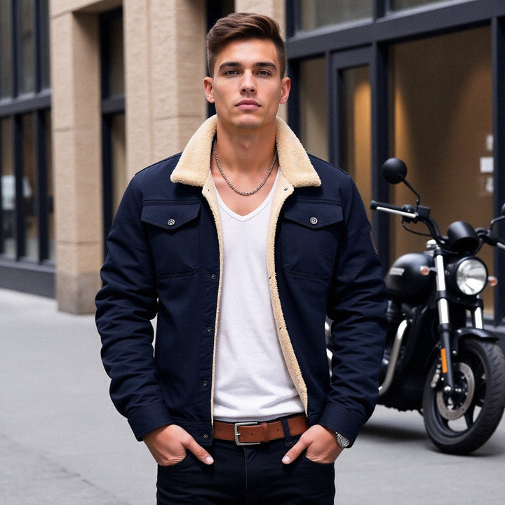 Black men's classic bomber jacket. Ideal for stylish winter outfits, warm and versatile.