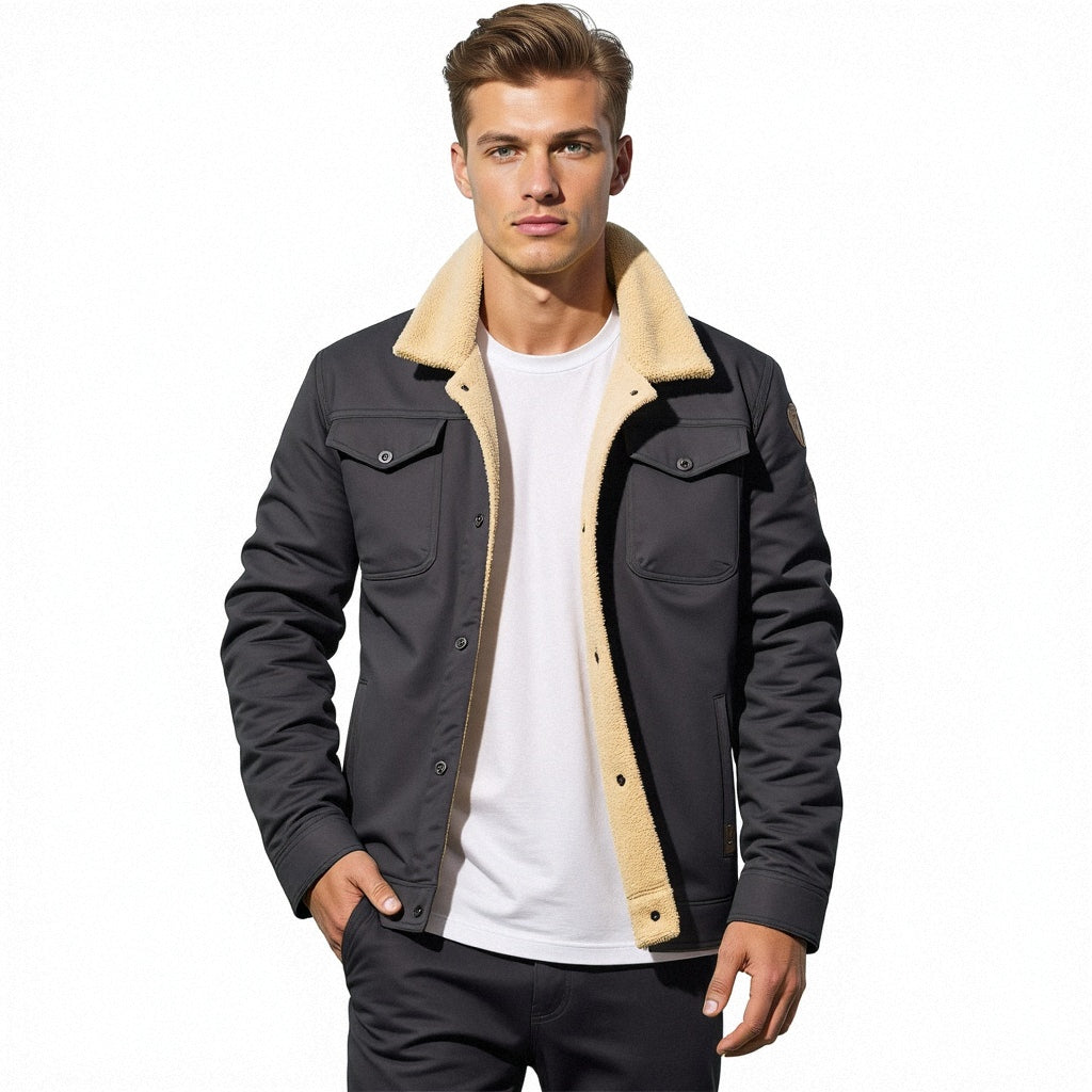 Stylish men's bomber jacket paired with jeans. Classic fall/winter look, warm & fashionable.