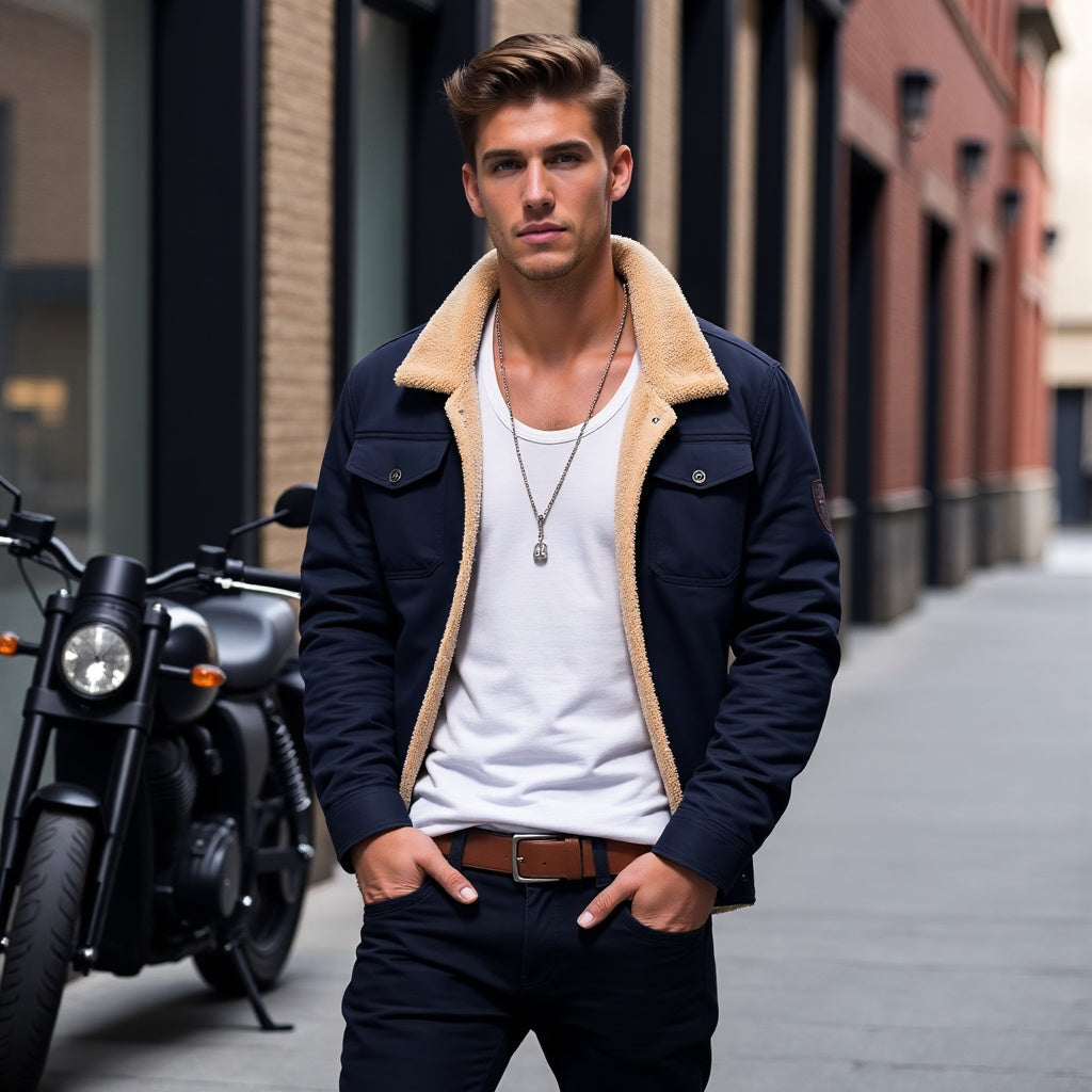 Sleek men's classic bomber jacket. Smooth finish, stylish and warm for winter outerwear.