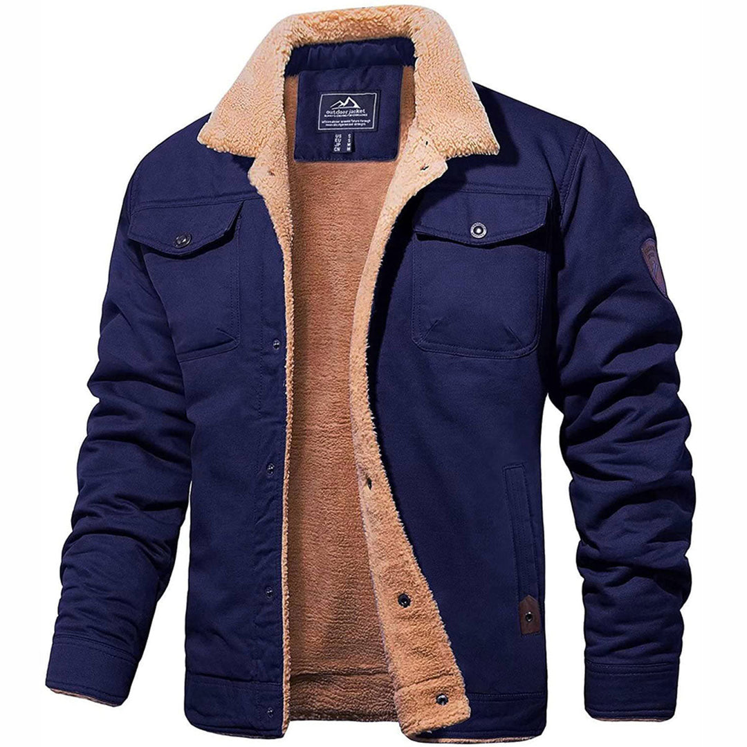 Dark blue men's classic bomber jacket, warm, stylish, & comfortable winter outerwear.