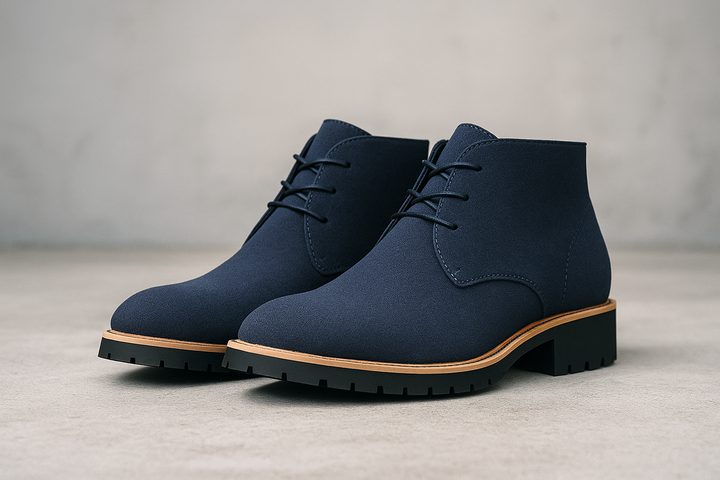 Side profile of men's classic chukka boots; elegant ankle footwear with secure lace-up closure for a polished look.