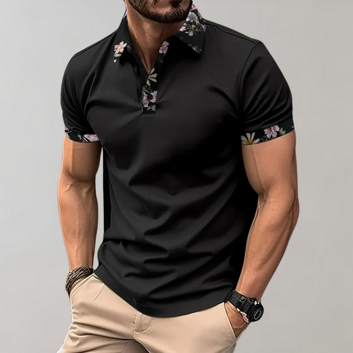 Classic men's cotton polo with subtle floral trim, perfect for smart casual summer style.