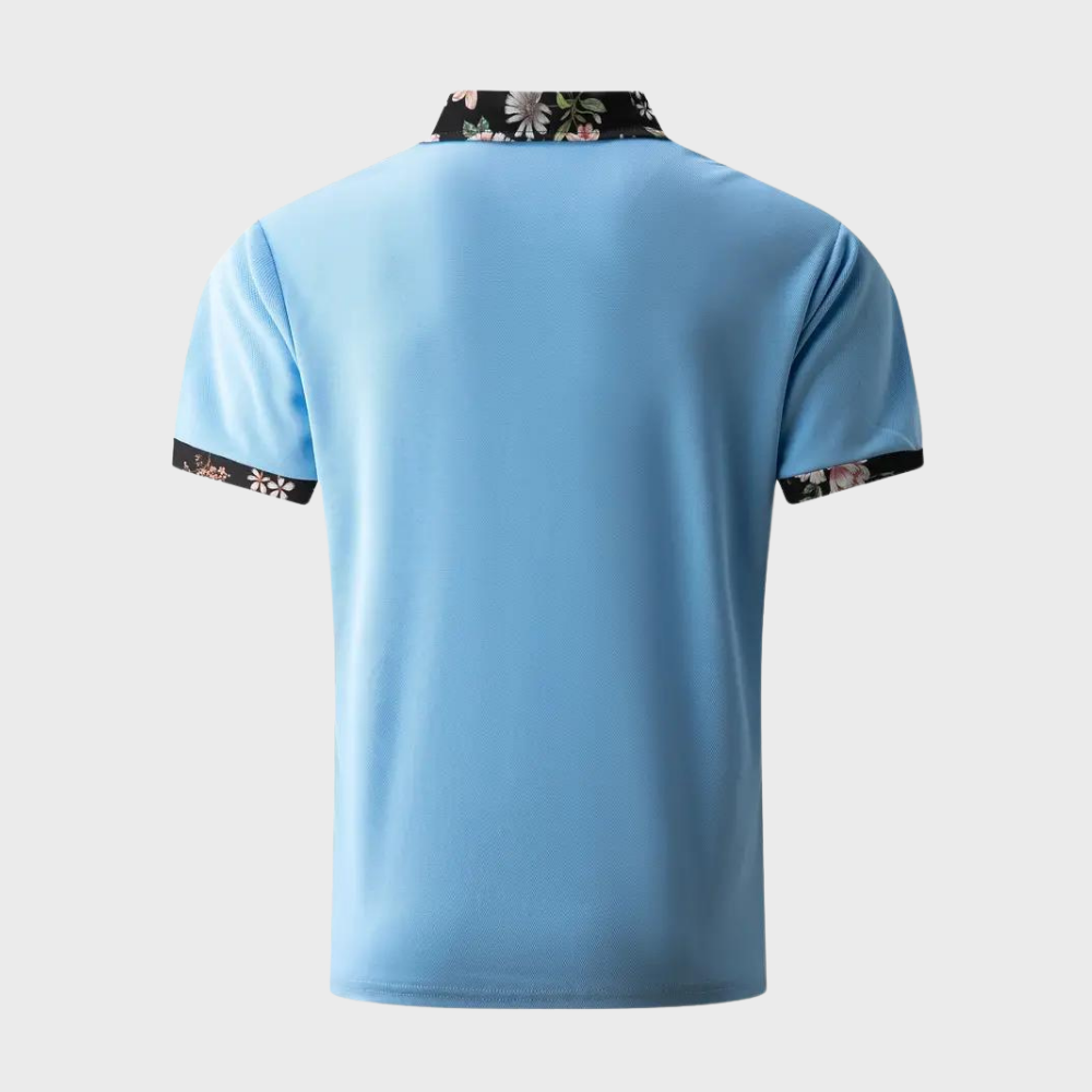 Men's breathable cotton polo, short sleeve, featuring a tasteful subtle floral pattern.