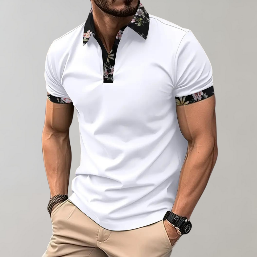 Timeless men's cotton polo, soft fabric, detailed with a subtle and stylish floral trim.