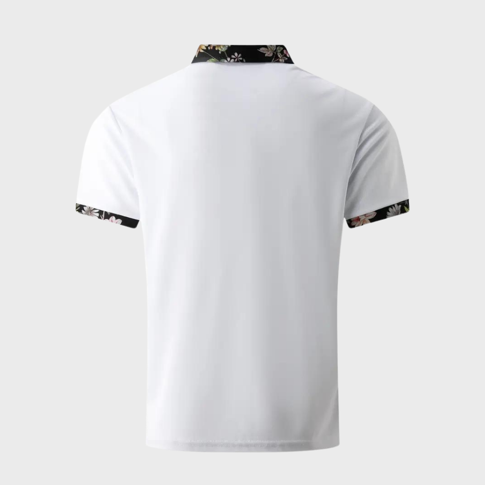 Comfortable men's fashion cotton polo, versatile for any occasion, subtle floral trim.