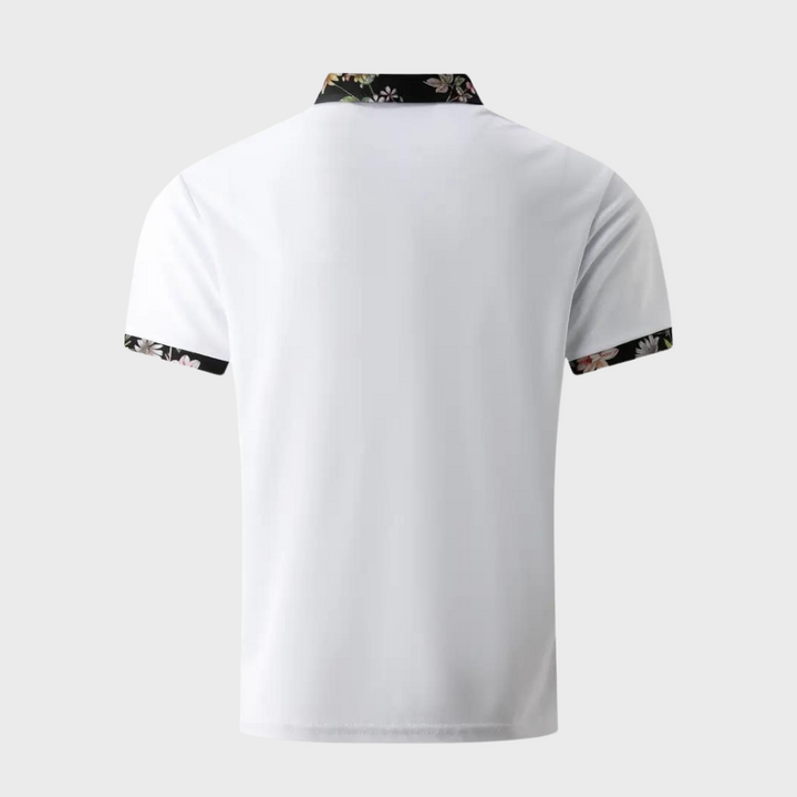 Comfortable men's fashion cotton polo, versatile for any occasion, subtle floral trim.