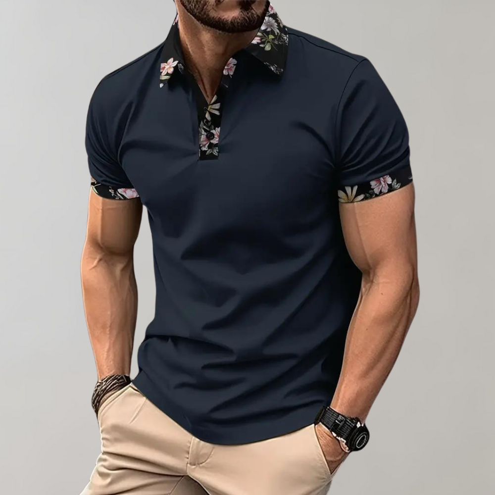 Stylish men's short sleeve cotton polo, perfect for smart casual, with subtle floral trim.