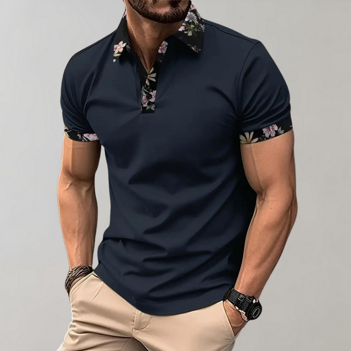 Stylish men's short sleeve cotton polo, perfect for smart casual, with subtle floral trim.