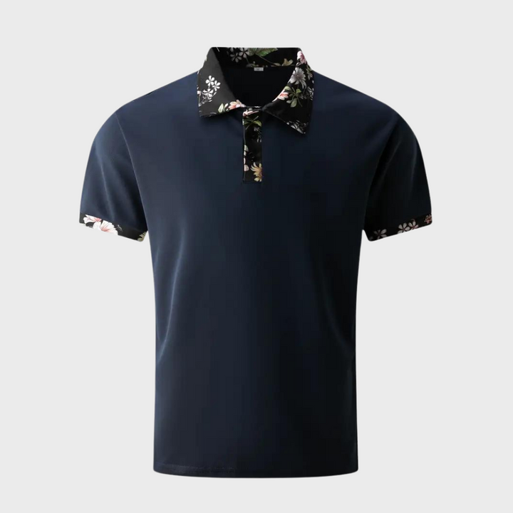 Breathable men's cotton polo, essential for men's fashion, with an elegant subtle floral trim.