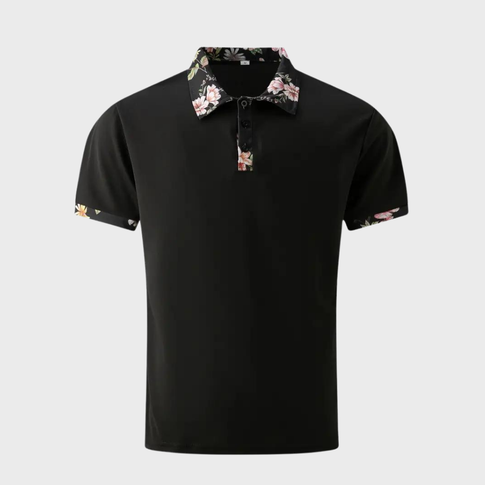 Men's short sleeve cotton polo shirt, comfortable & versatile, featuring a delicate floral trim.