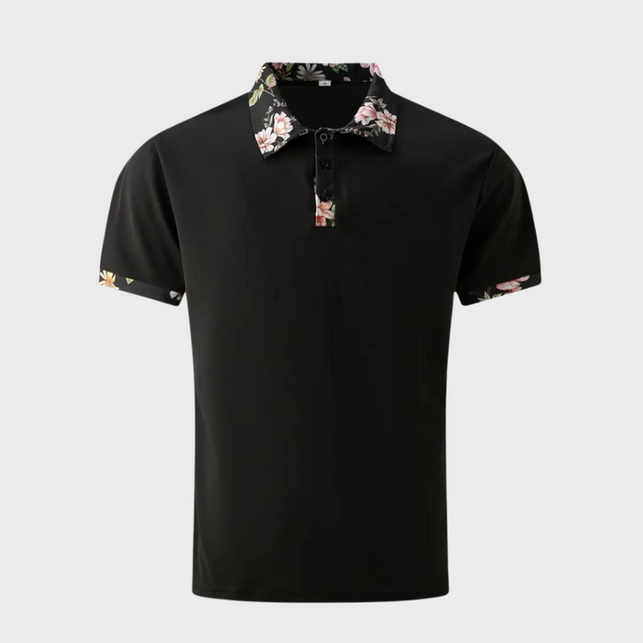 Men's short sleeve cotton polo shirt, comfortable & versatile, featuring a delicate floral trim.