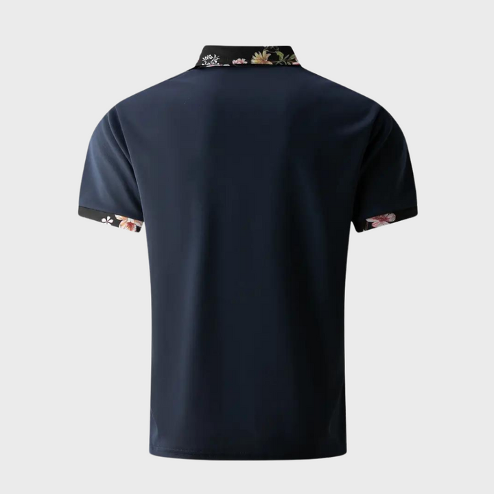 Versatile men's cotton polo, a classic with a twist: subtle floral trim for a modern look.