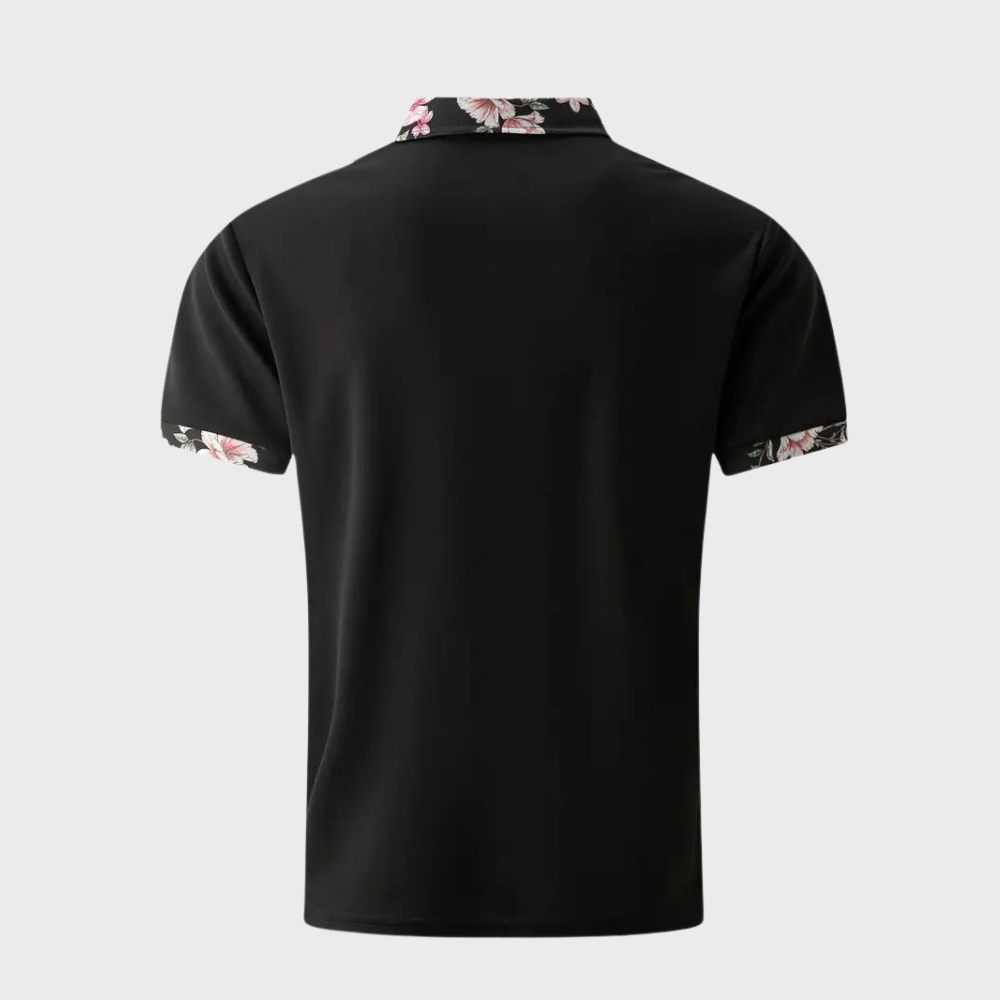 Stylish men's polo in breathable cotton, subtle floral details, ideal for casual men's fashion.
