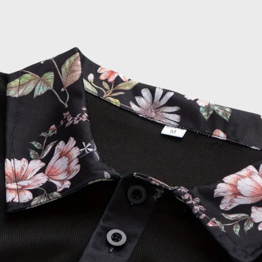 Casual men's short sleeve polo in pure cotton, enhanced with a stylish floral trim.