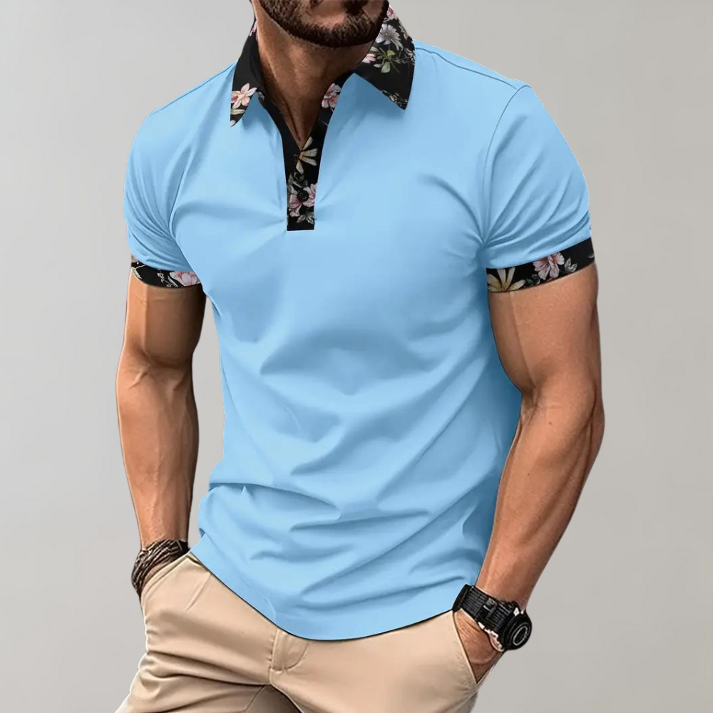 Classic men's cotton polo with a chic subtle floral trim, a versatile summer shirt.