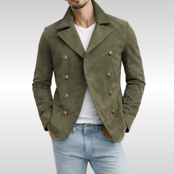 Classic men's double-breasted pea coat in dark brown wool. Stylish, warm winter outerwear for smart casual look.