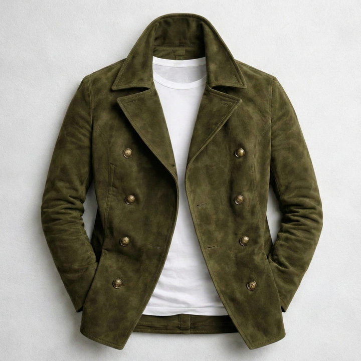 Tailored men's green pea coat, double-breasted design. A timeless, warm winter jacket for everyday style.