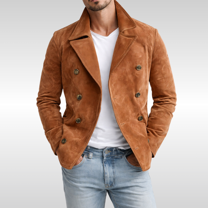 Men's classic double-breasted pea coat. Dark brown tailored fit, offering superior warmth & timeless winter style.