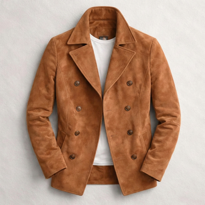 Stylish men's brown pea coat, double-breasted. Versatile classic outerwear for winter fashion & smart casual wear.