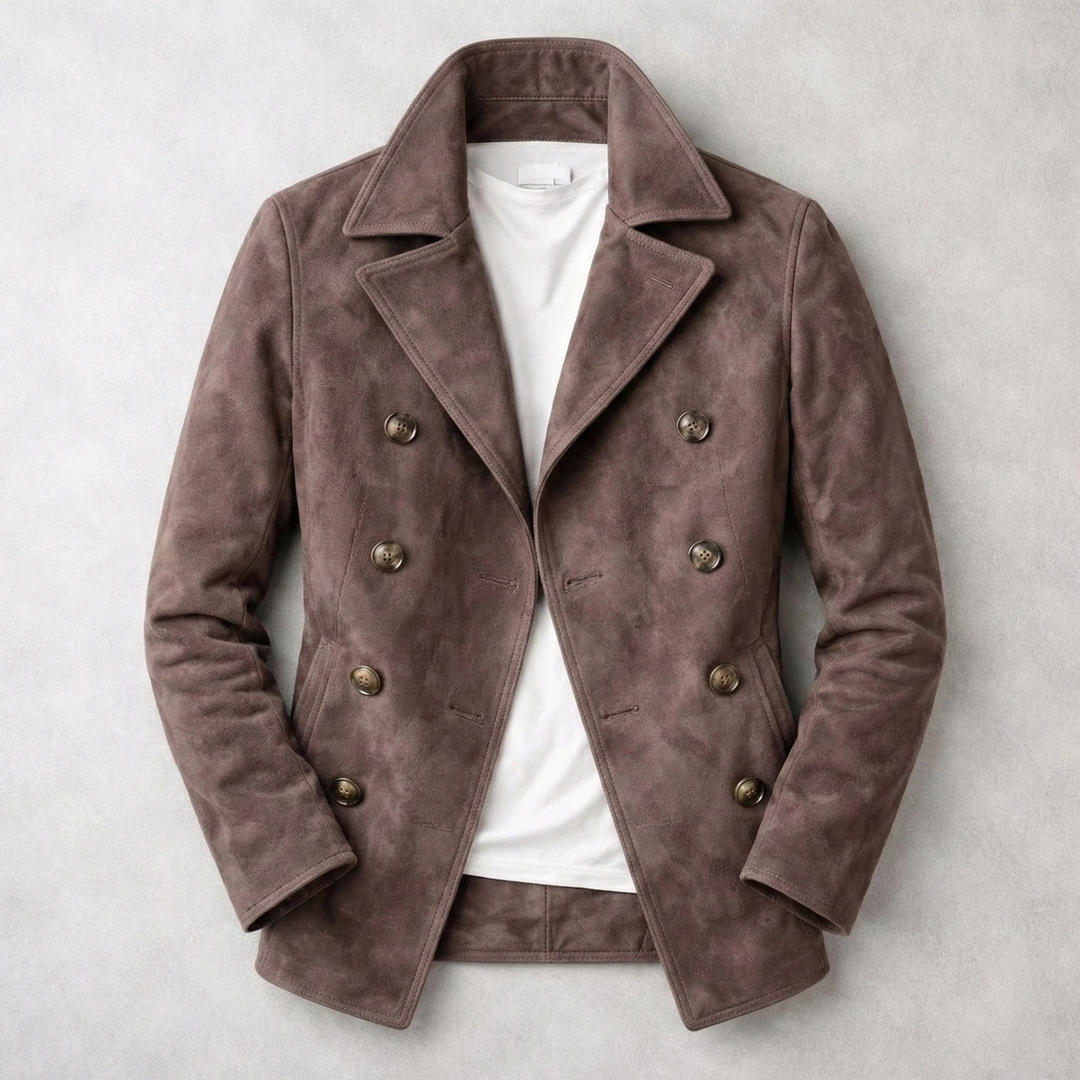 Warm men's double-breasted pea coat. Classic tailored design in brown, perfect for timeless winter comfort.