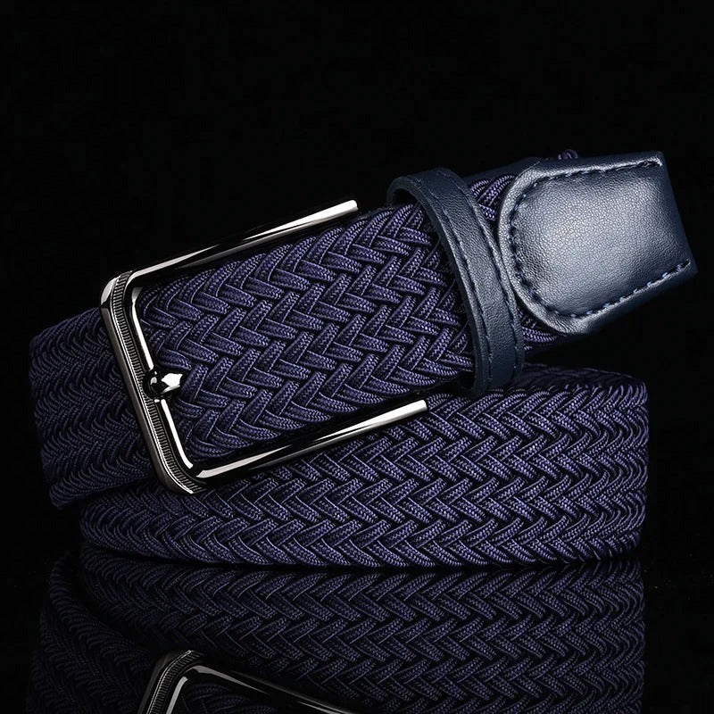 Flexible men's braided belt, comfortable & durable classic waist accessory for everyday wear.