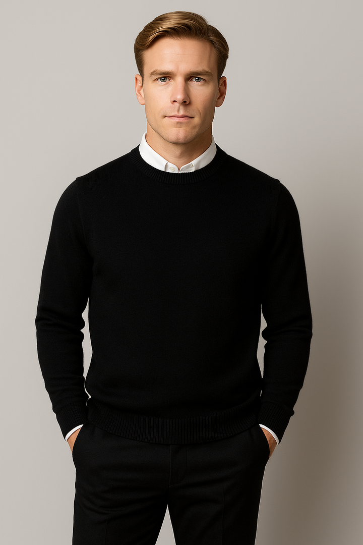 Classic men's knit crew neck sweater, long sleeve, perfect for versatile casual & smart casual winter fashion.