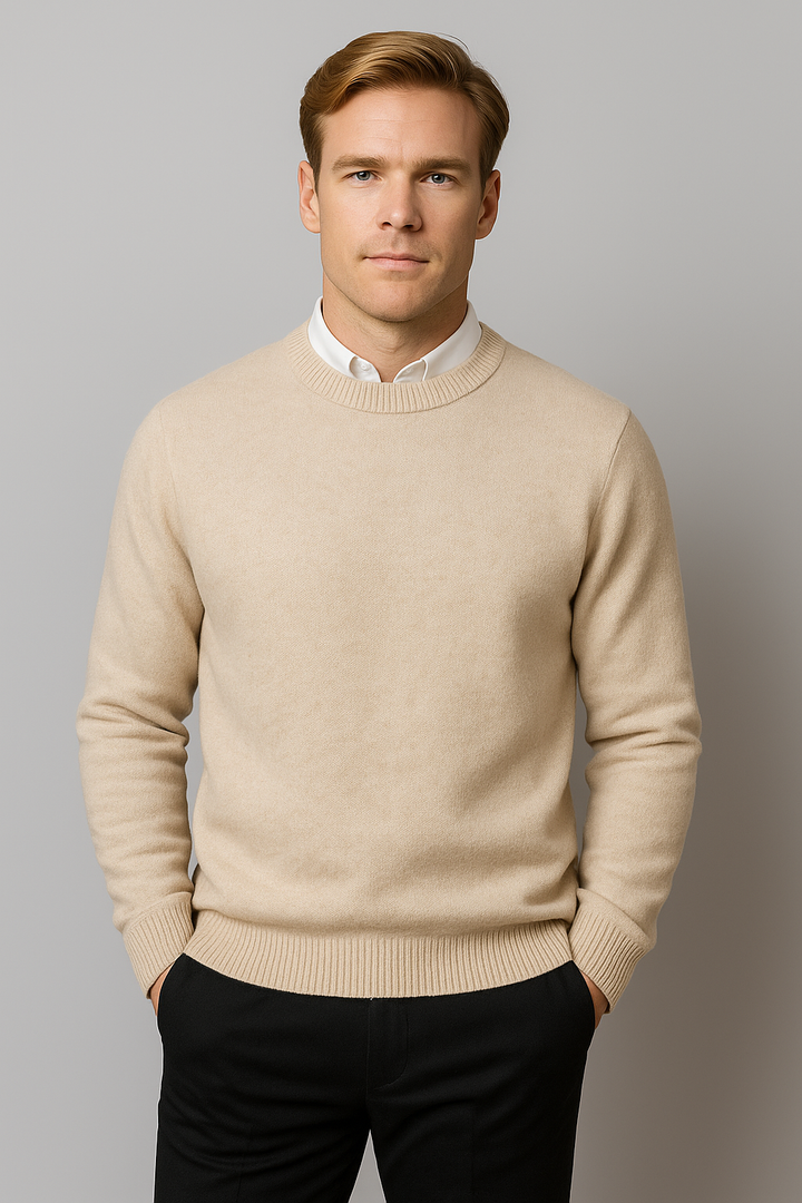 Timeless men's crew neck knit sweater, long sleeve, offering a comfortable and smart casual look for any season.