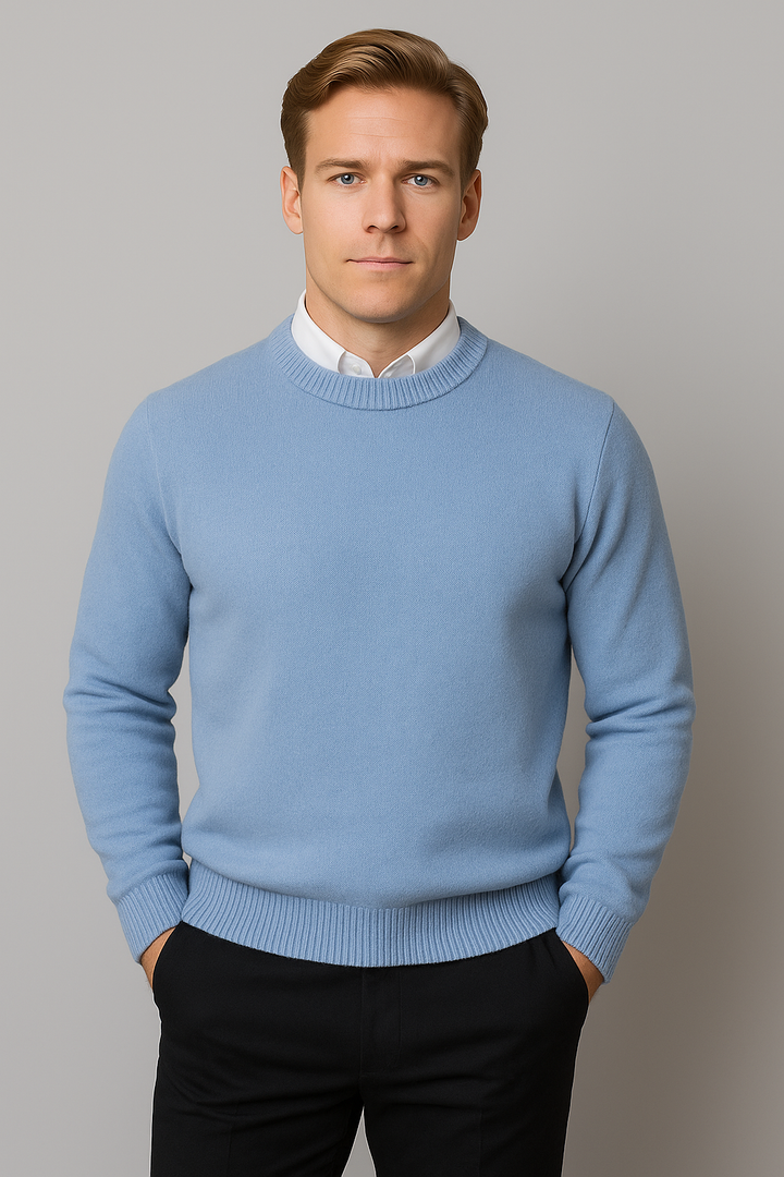 Warm men's long sleeve knitwear crew neck sweater, classic fit, perfect for comfortable winter fashion.