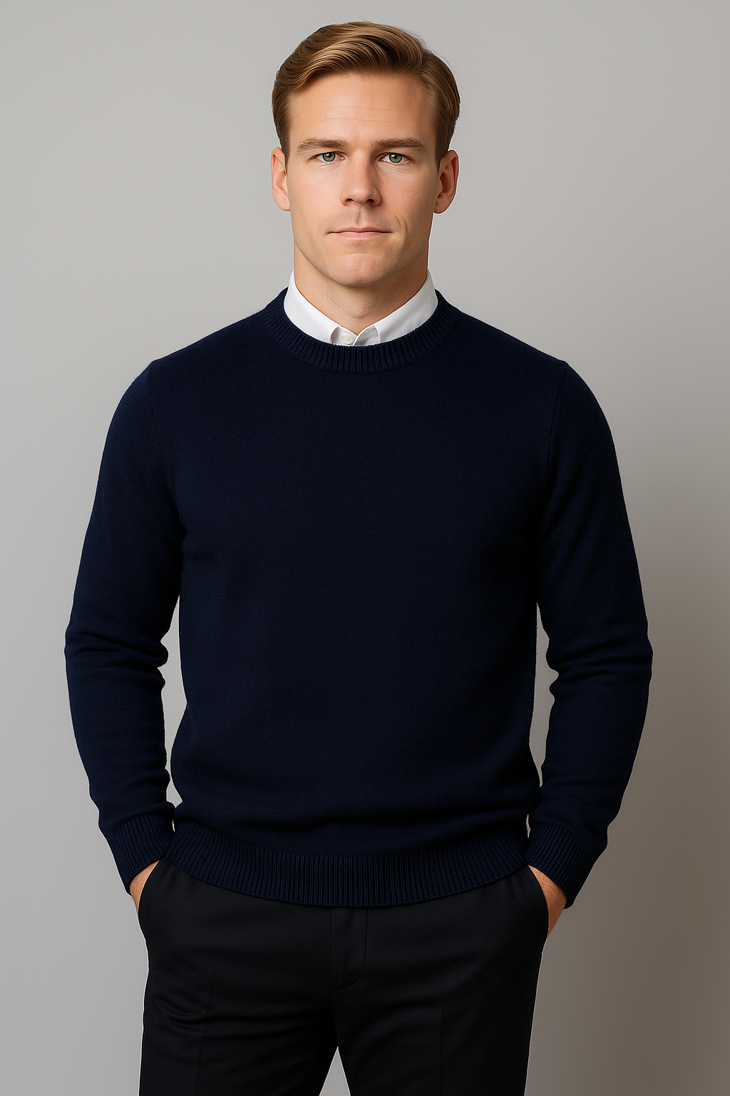 Textured men's classic knit crew neck sweater, long sleeve, a comfortable and versatile piece for men's clothing.